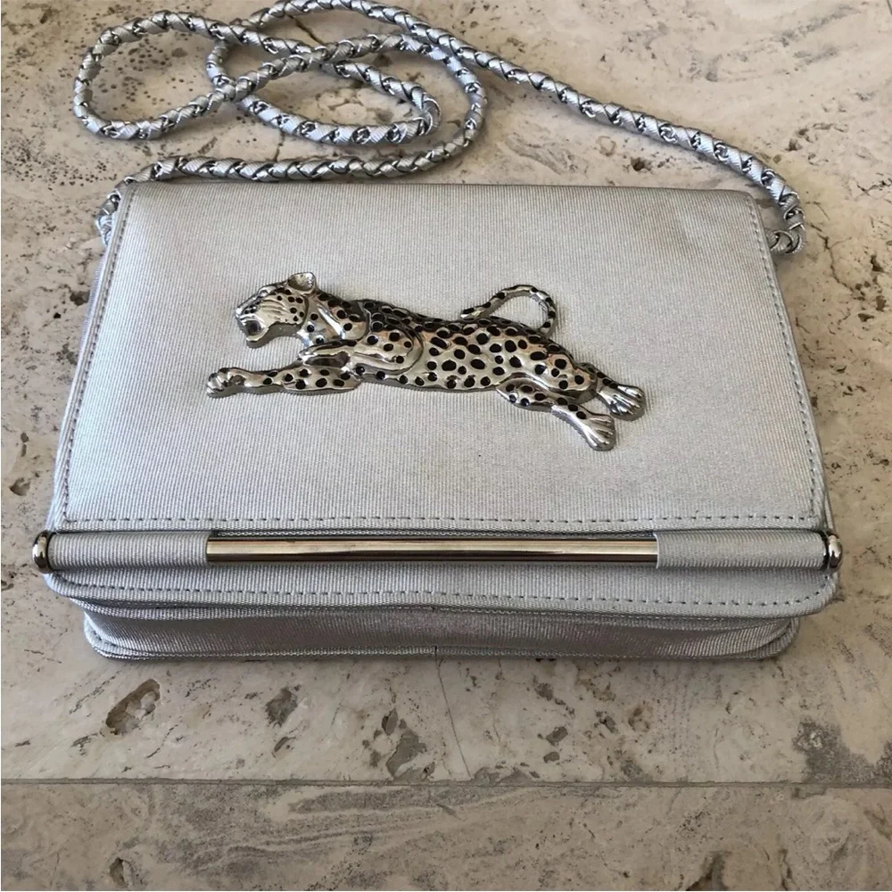 Nima Metal Cheetah Bag Silver Metallic Black Purse Cross Body Vintage 80s